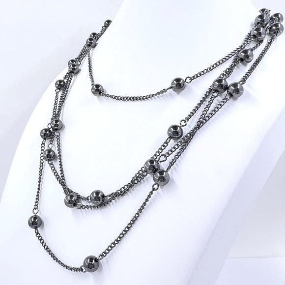 Simple Single Strand Gunmetal Tone Metal Bead & Chain 68” Necklace - Picture 3 of 6